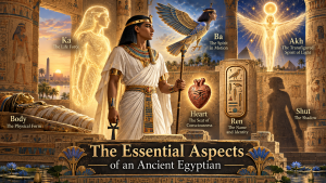 Pharaoh figure in white with staff among glowing soul icons labeled Ka, Ba, Akh, Heart, Ren, Body, Shut—illustration of ancient Egyptian concepts.