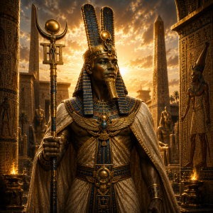 Amun, the ancient Egyptian god, wearing his tall feathered crown.
